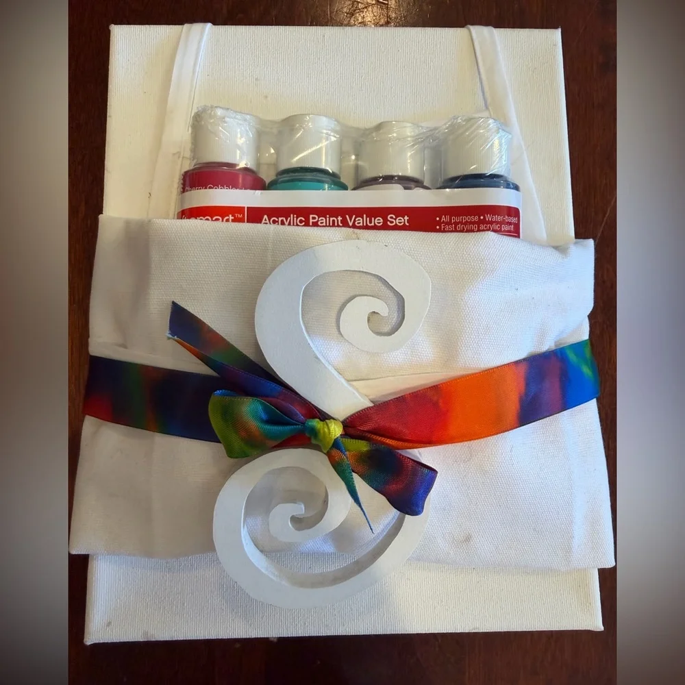 Acrylic Paint Value Set with Rainbow Ribbon and White Canvas Kit